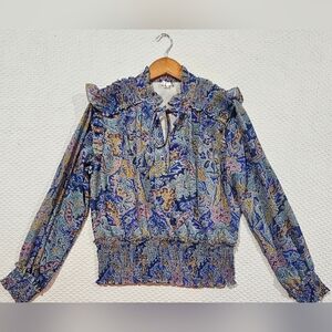 Elan Blue & Cream Patterned Design‎ Long Sleeve Blouse Size M